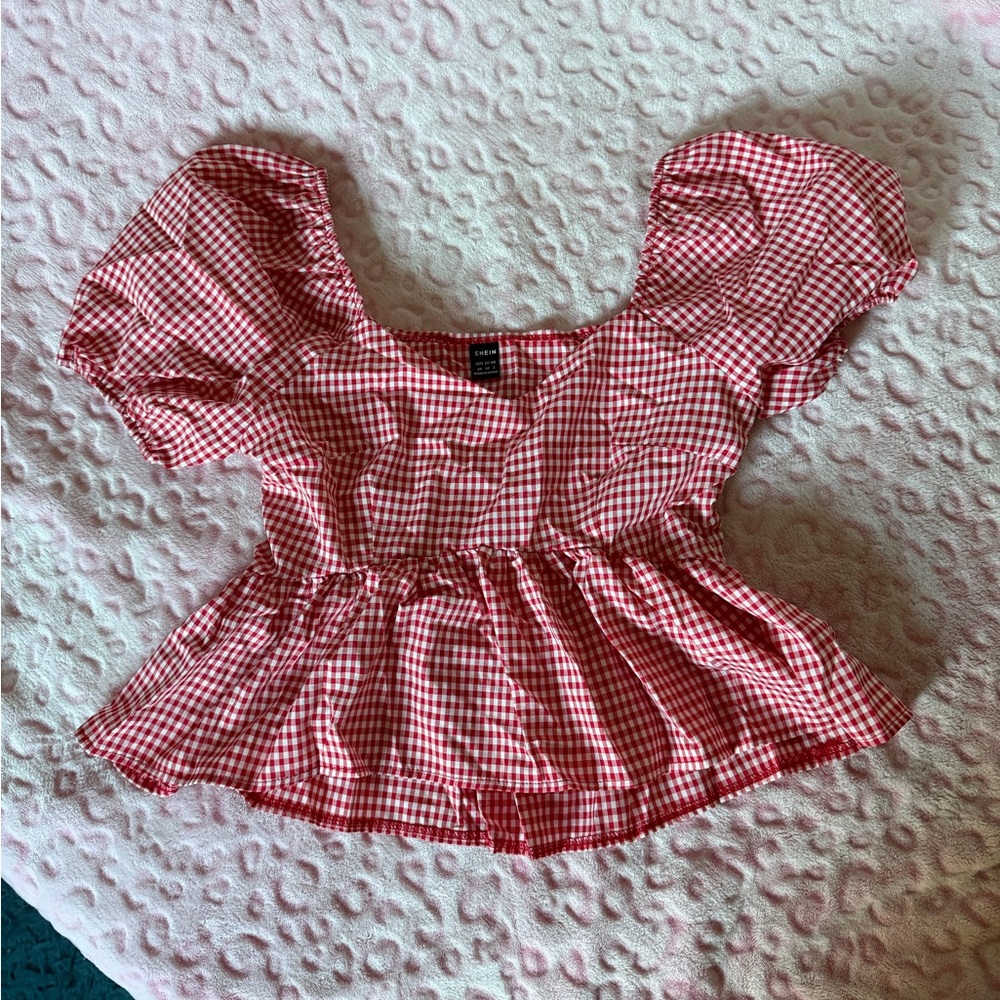 SHEIN Red Checkered Peplum Top